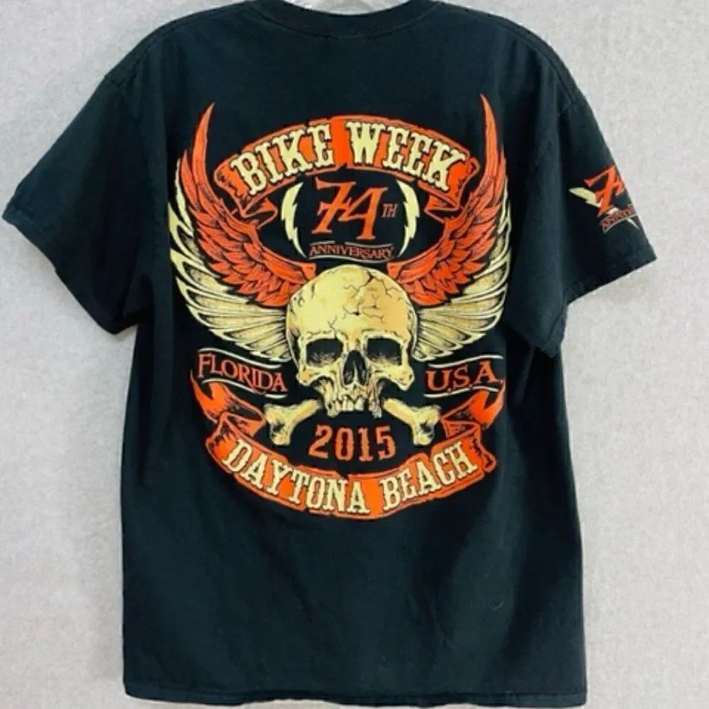 Mens M  T-Shirt 74th Anniversary Bike Week 2015 Dayton Beach Black Gildan Good c